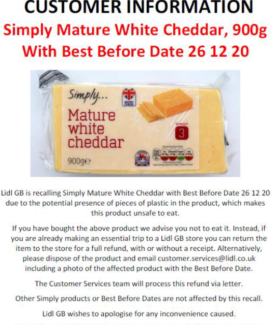 Lidl cheese HBC over recall fear plastic | newsroom
