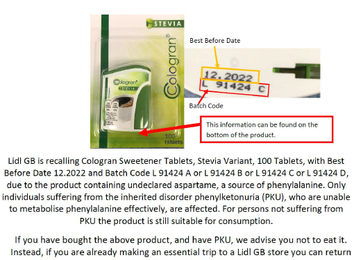 Lidl GB recalls Cologran Sucralose sweetener tablets