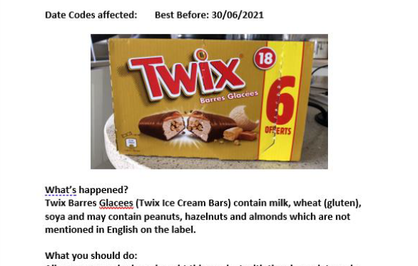 Iceland Twix Ice Cream bar recall