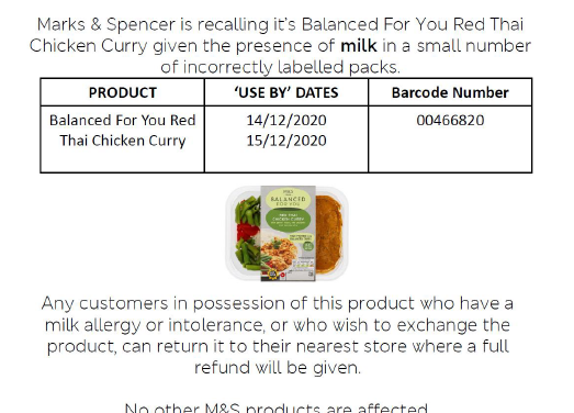 Marks & Spencer recalls Balanced For You Red Thai Chicken Curry because of undeclared milk