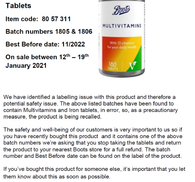 Boots recalls its multivitamins supplements