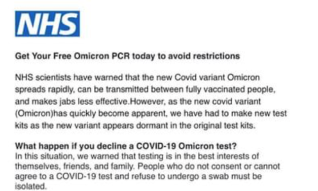 Warning: Scam Covid-19 Omicron PCR testing emails