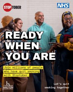 Stoptober promotional poster reading Ready When You Are - Join millions of people who have quit smoking with Stoptober. The image behind is of a group of people smiling.